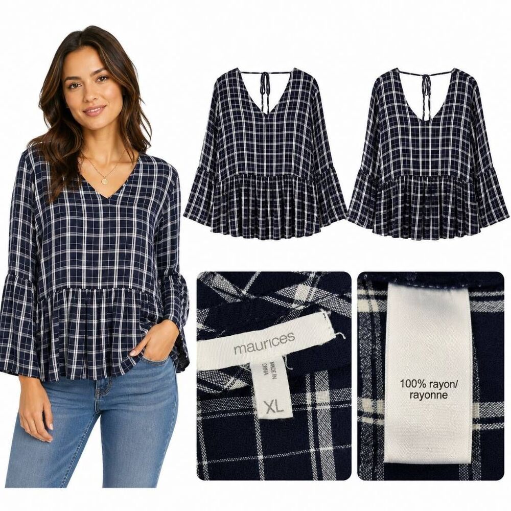Maurices Plaid Peplum Blouse XL Blue Tie Back